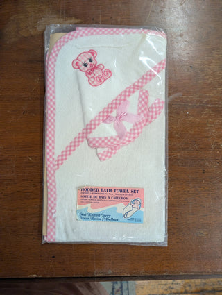 Pink and White Hooded bath towel face towel set for baby, 100% cotton, patterned
