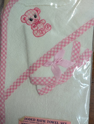 Pink and White Hooded bath towel face towel set for baby, 100% cotton, patterned