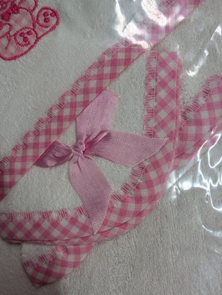 Pink and White Hooded bath towel face towel set for baby, 100% cotton, patterned