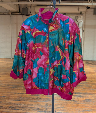 Reversible rosebud windbreaker fractured quartz, floral design, magenta, blue, and deep aqua