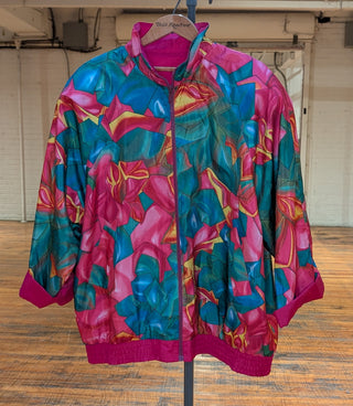 Reversible rosebud windbreaker fractured quartz, floral design, magenta, blue, and deep aqua
