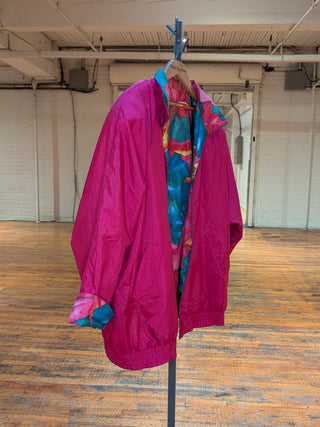 Reversible rosebud windbreaker fractured quartz, floral design, magenta, blue, and deep aqua