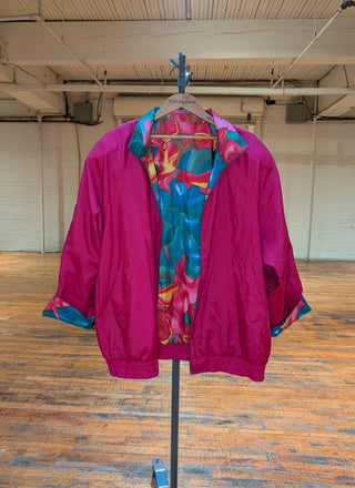 Reversible rosebud windbreaker fractured quartz, floral design, magenta, blue, and deep aqua