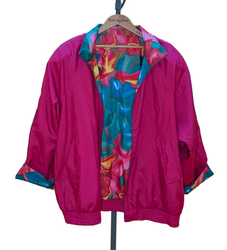 Reversible rosebud windbreaker fractured quartz, floral design, magenta, blue, and deep aqua