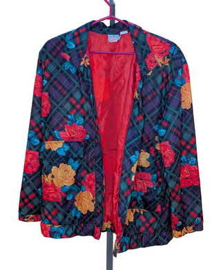 Coupe-vent à carreaux roses original, motif floral audacieux rouge, jaune d'or et violet