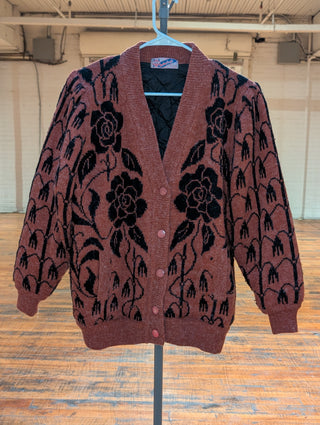 *sold out* Cozy rose garden sweater, lined with quilted fabric, snap buttons, copper color - Artful Accumulator Boutique Vintage