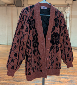 *sold out* Cozy rose garden sweater, lined with quilted fabric, snap buttons, copper color - Artful Accumulator Boutique Vintage