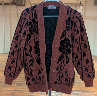 *sold out* Cozy rose garden sweater, lined with quilted fabric, snap buttons, copper color - Artful Accumulator Boutique Vintage