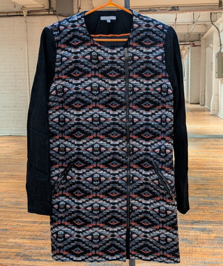 Black and grey embroidered coat with offset zipper