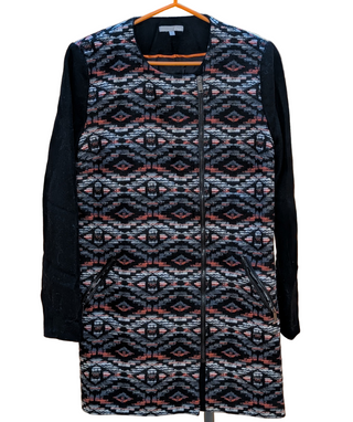 Black and grey embroidered coat with offset zipper