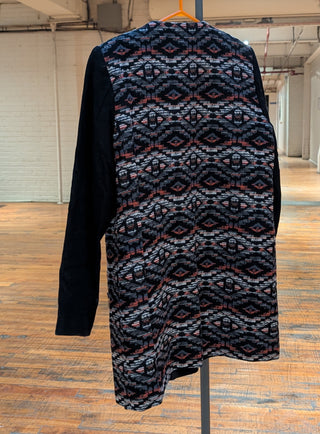 Black and grey embroidered coat with offset zipper