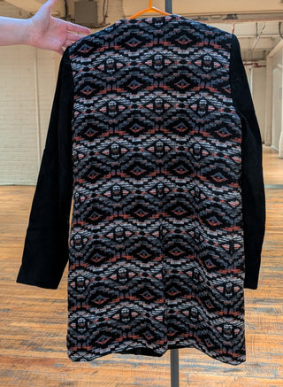 Black and grey embroidered coat with offset zipper