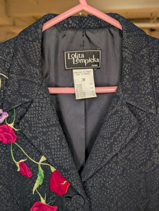 Blazer noir texturé à boutons, brodé de fleurs, fabriqué en France