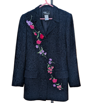 Floral embroidered, textured black button up blazer, made in France