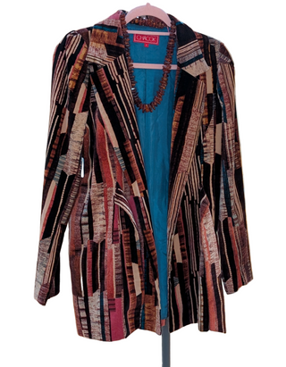 Patterned Velvet Tie Front Blazer, vintage, orange, brown