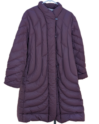 Purple long puffer coat with plastic buttons