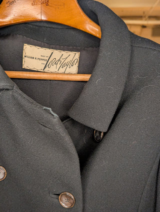 Long black double breasted vintage coat with abalone shell buttons