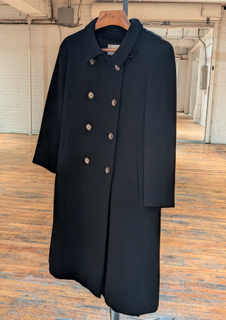 Long black double breasted vintage coat with abalone shell buttons