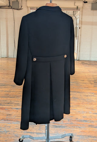 Long black double breasted vintage coat with abalone shell buttons