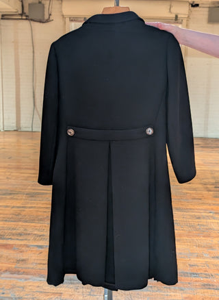Long black double breasted vintage coat with abalone shell buttons