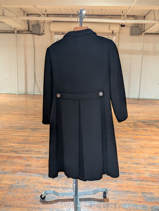 Long black double breasted vintage coat with abalone shell buttons