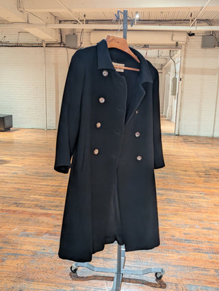 Long black double breasted vintage coat with abalone shell buttons