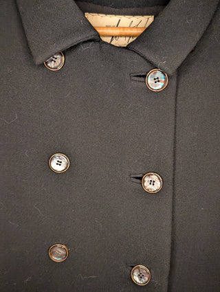 Long black double breasted vintage coat with abalone shell buttons