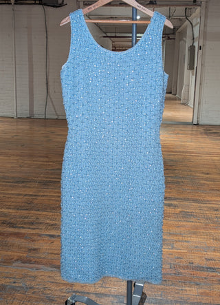 Beaded Wool Dress in a light sky blue yarn with faceted beads woven throughout