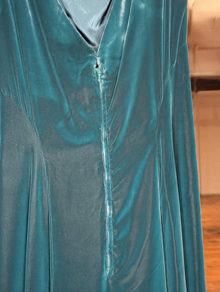 Robe vintage luxueuse en velours bleu-vert sapin, col montant et dos nu, signée Holt Renfrew