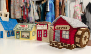 Vintage Christmas Village, choice of 7 wind-up music boxes made from yarn and plastic canvas