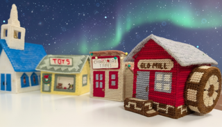 Vintage Christmas Village, choice of 7 wind-up music boxes made from yarn and plastic canvas