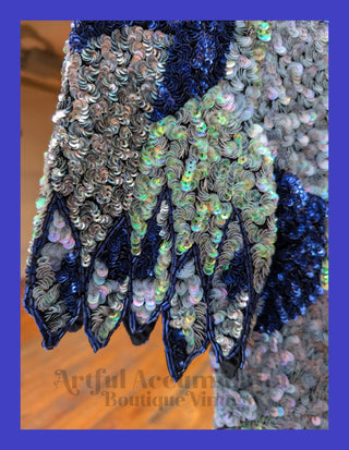 Dazzling sequin-covered party dress in sapphire, light green, silver, and dusty blue - extra small - Artful Accumulator Boutique Vintage
