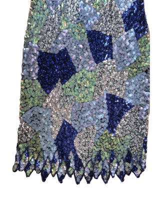 Dazzling sequin-covered party dress in sapphire, light green, silver, and dusty blue - extra small - Artful Accumulator Boutique Vintage
