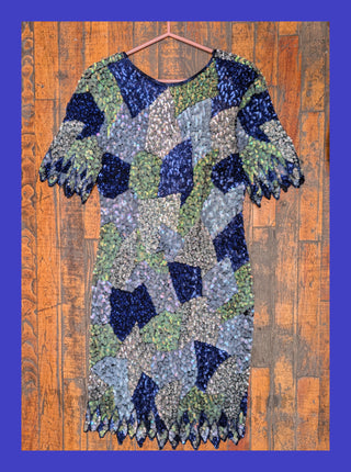 Dazzling sequin-covered party dress in sapphire, light green, silver, and dusty blue - extra small - Artful Accumulator Boutique Vintage