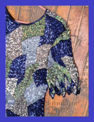 Dazzling sequin-covered party dress in sapphire, light green, silver, and dusty blue - extra small - Artful Accumulator Boutique Vintage