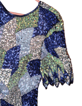 Dazzling sequin-covered party dress in sapphire, light green, silver, and dusty blue - extra small - Artful Accumulator Boutique Vintage