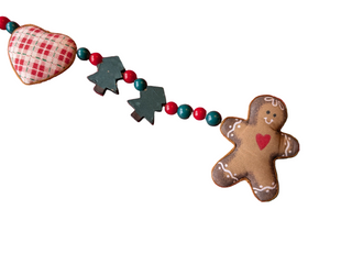 Guirlande de Noël : pain d'épices, cœurs à carreaux, sapins de Noël en bois et perles en plastique