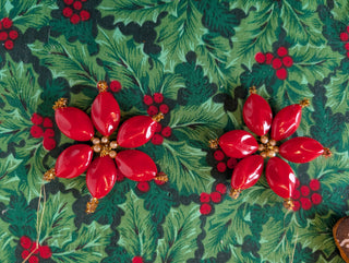 set of 5, Hand Beaded Poinsettias with pearls and hanging string