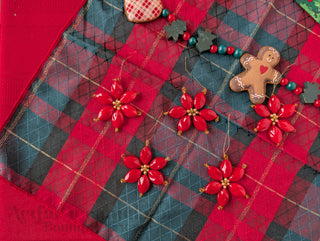 set of 5, Hand Beaded Poinsettias with pearls and hanging string