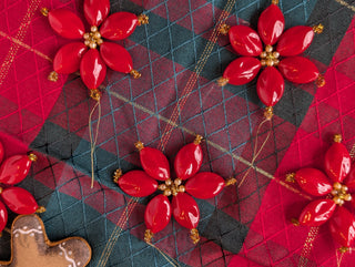 set of 5, Hand Beaded Poinsettias with pearls and hanging string