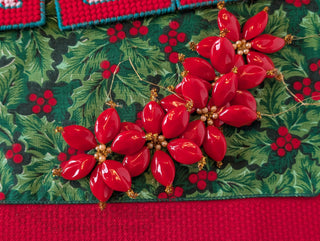 set of 5, Hand Beaded Poinsettias with pearls and hanging string