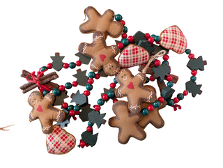 Guirlande de Noël : pain d'épices, cœurs à carreaux, sapins de Noël en bois et perles en plastique