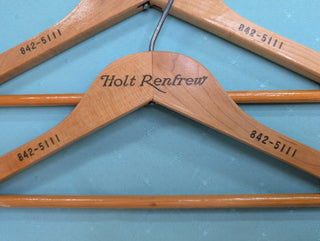 Set of 2, Holt Renfrew 842-5111, wooden clothing hanger, Montréal Quebec Canada