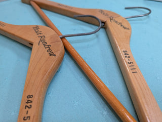 Set of 2, Holt Renfrew 842-5111, wooden clothing hanger, Montréal Quebec Canada