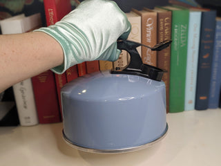 Periwinkle Blue hot water kettle with black handle and silver base -  - #tag1# - #tag2# - #tag3# - #tag4# - the Artful Accumulator's Vintage Boutique