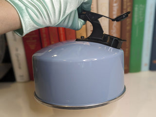 Periwinkle Blue hot water kettle with black handle and silver base -  - #tag1# - #tag2# - #tag3# - #tag4# - the Artful Accumulator's Vintage Boutique