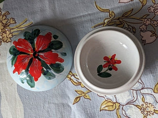 "Red Flower on Sky Blue" handpainted round trinket jar with red flower and blue background -  - #tag1# - #tag2# - #tag3# - #tag4# - the Artful Accumulator's Vintage Boutique