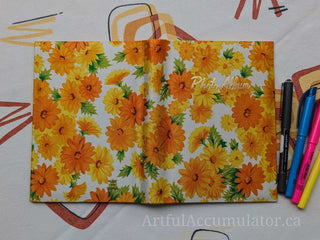 Retro orange & yellow floral photo album with gold title, holds 48 4 5/8 x 3 1/4 photos, album removable from cover -  - #tag1# - #tag2# - #tag3# - #tag4# - the Artful Accumulator's Vintage Boutique