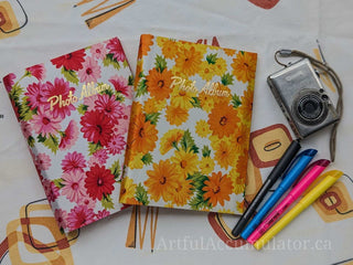 Retro orange & yellow floral photo album with gold title, holds 48 4 5/8 x 3 1/4 photos, album removable from cover -  - #tag1# - #tag2# - #tag3# - #tag4# - the Artful Accumulator's Vintage Boutique