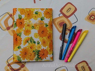 Retro orange & yellow floral photo album with gold title, holds 48 4 5/8 x 3 1/4 photos, album removable from cover -  - #tag1# - #tag2# - #tag3# - #tag4# - the Artful Accumulator's Vintage Boutique